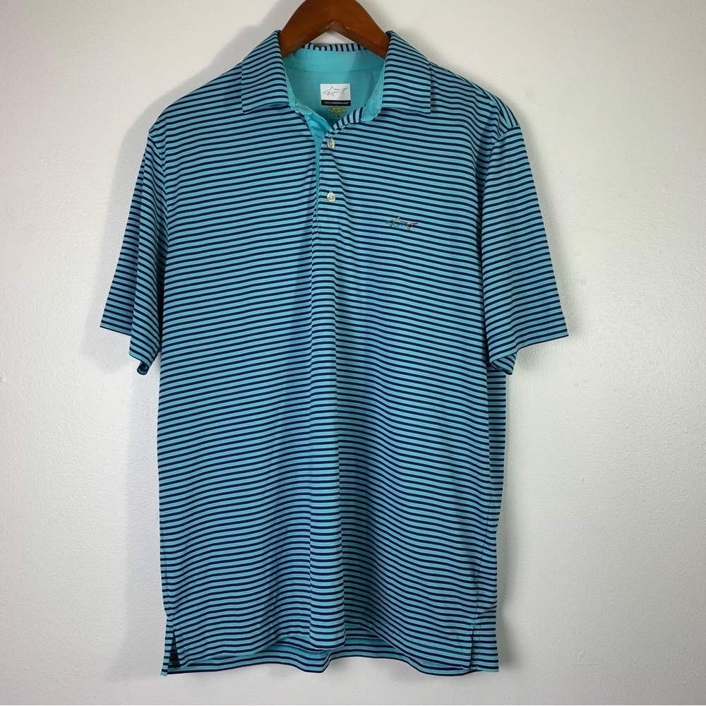 Greg Norman PlayDry Striped Polo Shirt Short Sleeve Mens Adult‎ Large Shark